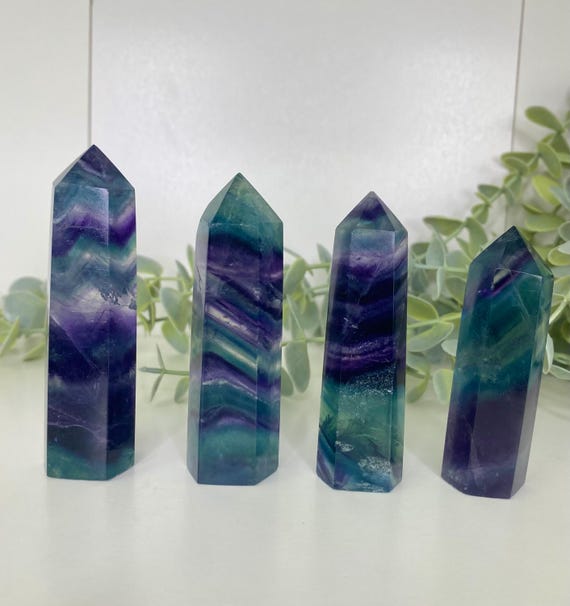 Rainbow Fluorite Tower Points, Blue Fluorite Towers, Rainbow