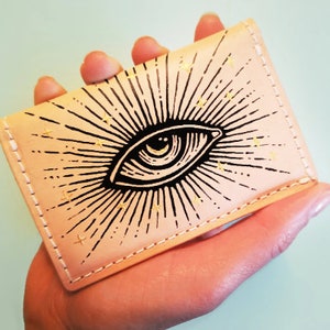 HAND Painted Real Leather Card Wallet - All Seeing EYE design - Hand Made in UK from British Vegetable Tanned Leather