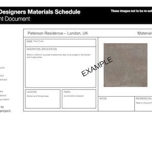 Puede incluir: Una plantilla de planificación de materiales para diseñadores de interiores. La plantilla incluye una sección para el nombre del proyecto, el tipo de material, la descripción del producto, la ubicación del producto, el acabado del producto, las notas y las referencias adicionales. La plantilla también incluye una sección para la ubicación, el acabado, las notas y el número de referencia. La plantilla está diseñada para ser utilizada para presentaciones al equipo de diseño o al cliente. La plantilla se puede modificar para adaptarse a su proyecto de diseño.