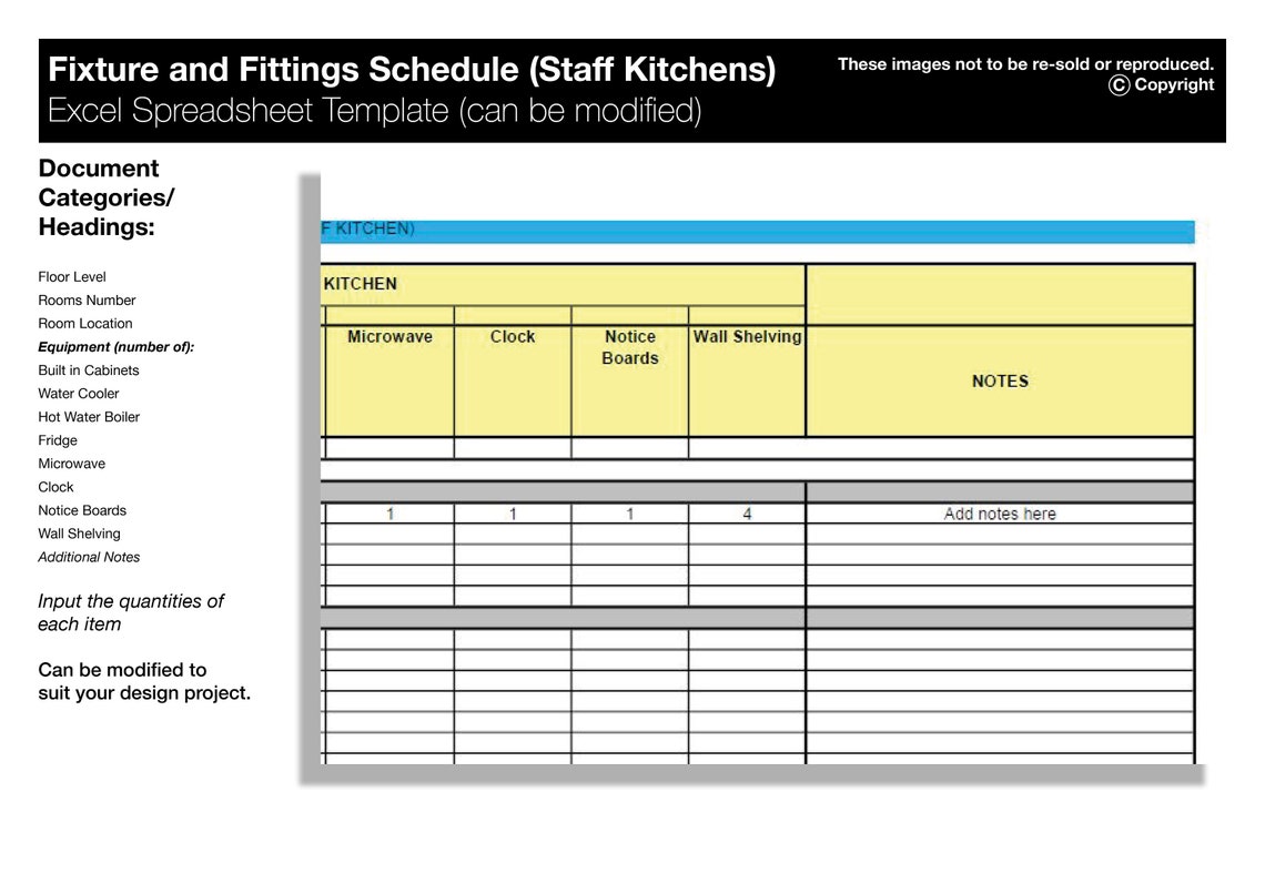 Fixture and Fittings Template staff Kitchens in Microsoft Excel Format