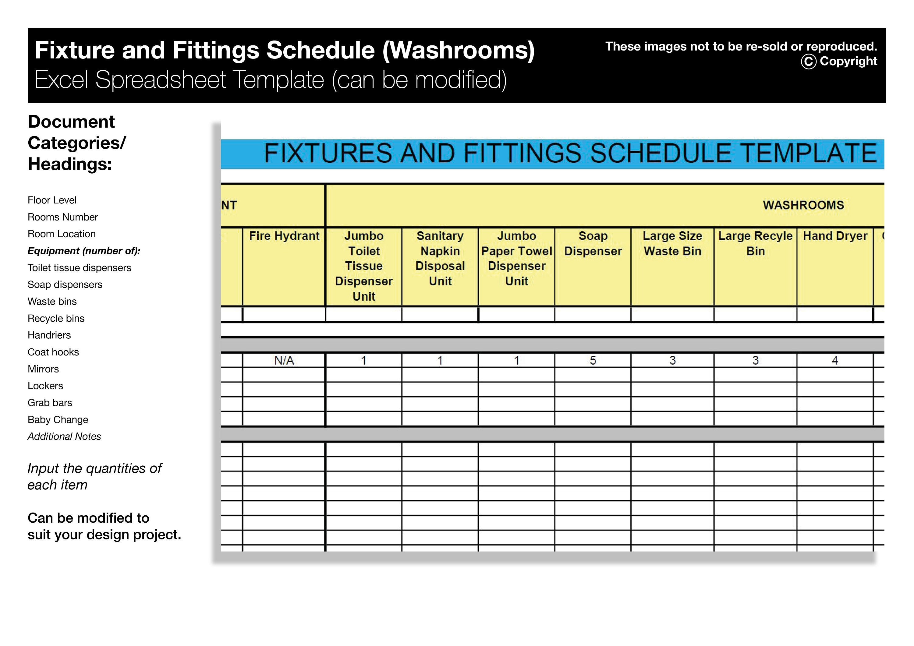 Fixture and Fittings Template for Washrooms in Microsoft Excel Format