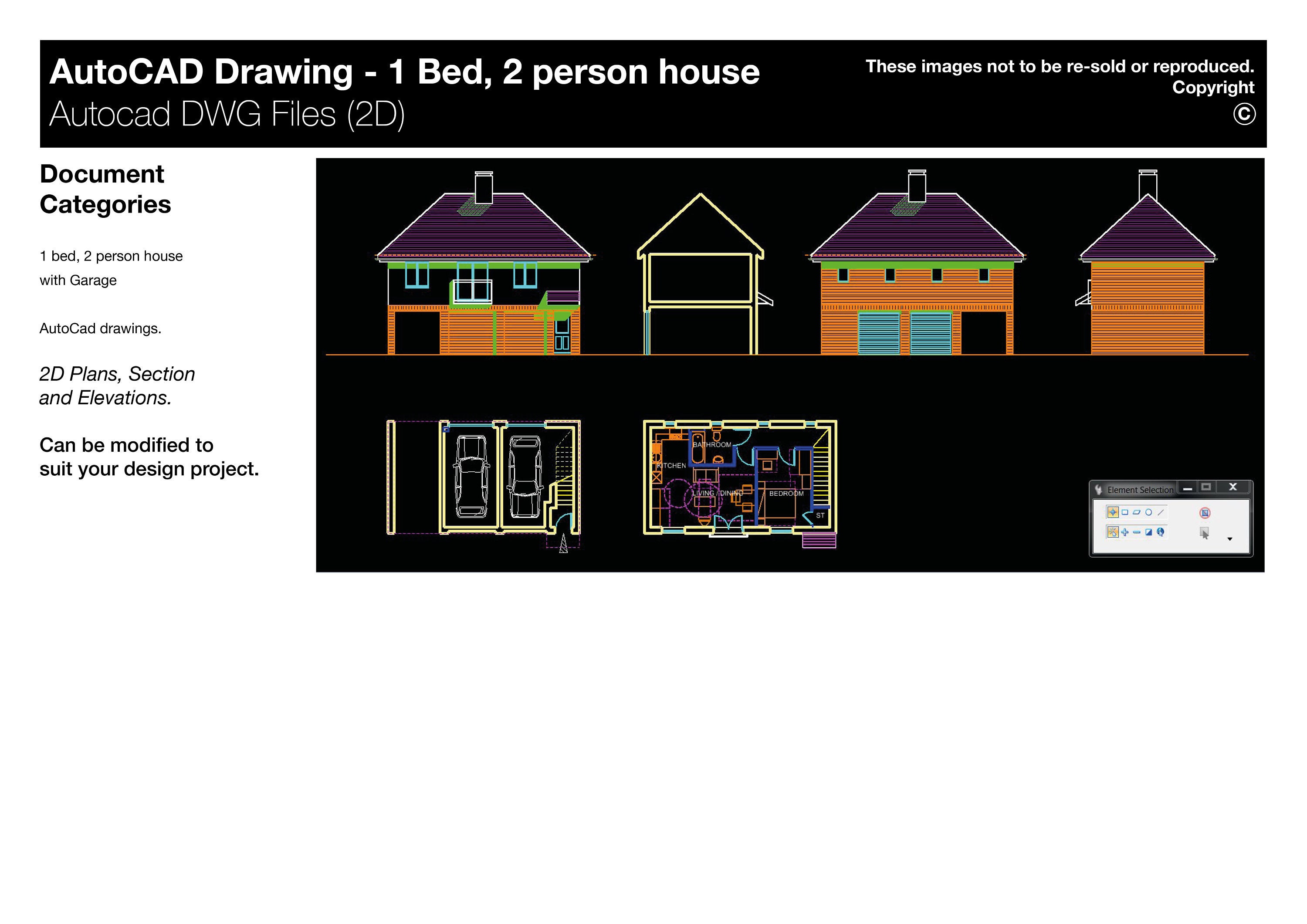1 Bed, 2 Person House With Garage Autocad Drawing House Plan for Sale ...