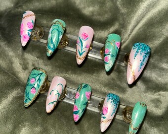 Uñas postizas Enchanted Garden, uñas postizas con diseño floral rosa