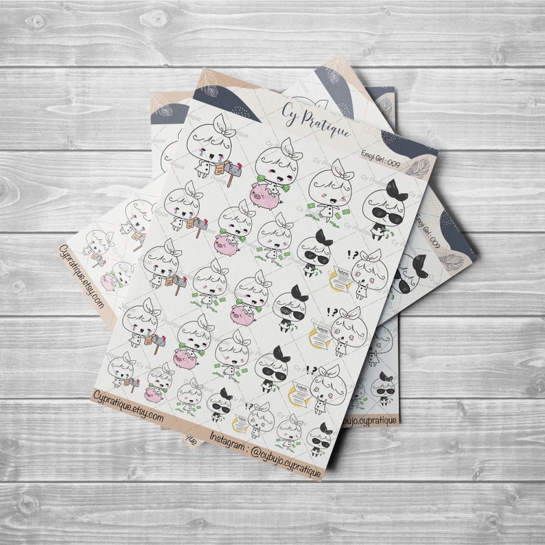 May include: Sheets of planner stickers featuring a repeating pattern of cartoon characters with various expressions and accessories. The stickers include characters holding mailboxes, money, and wearing sunglasses. The text "Cypratique.etsy.com" and "@cybujo.cypratique" are visible.