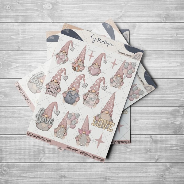 Stickers Romantic Gnomes | CyPratique | planche stickers pour votre carnet d’organisation créatif, journal quotidien, planner etc.