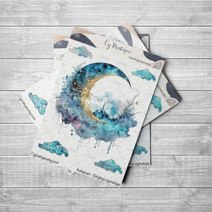 Stickers Celestial Blue Moon Cover | CyPratique | planche de stickers pour carnet d'organisation créatif, journal quotidien, planner etc.