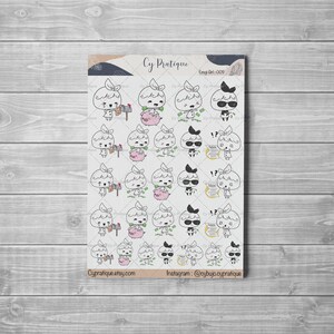 May include: A sheet of stickers featuring cartoon emoji girl characters in various poses. Some characters hold money, wear sunglasses, or interact with mailboxes and piggy banks. The sheet includes the text "Cy Pratique," "Emoji Girl: 009," and social media information.