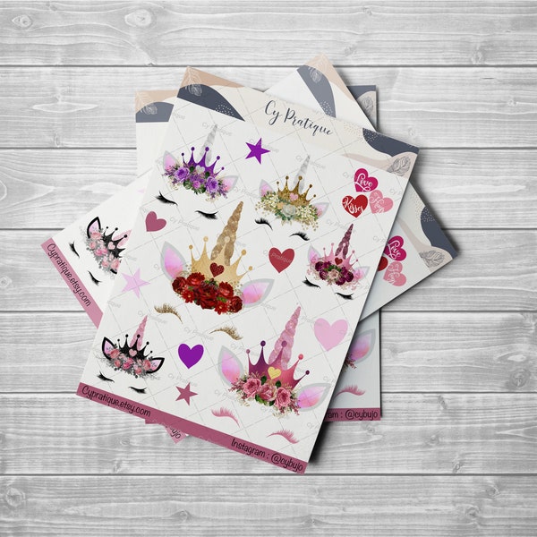 Stickers Romantic Unicorn | CyPratique | planche stickers pour carnet d’organisation créatif, journal quotidien, planner etc.