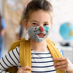 Masque facial d'Halloween de clown effrayant psycho-fou, imprimé en 3D, expression réaliste, masque en tissu unisexe pour adultes/enfants. Réutilisable Lavable