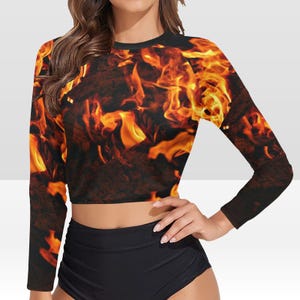 Crop Top Rashguard Fire Flames Womens Long Sleeve SlimFit top,Printed Handsewn Rashguard Swimwear,womens sportswear/yoga,Halloween partywear