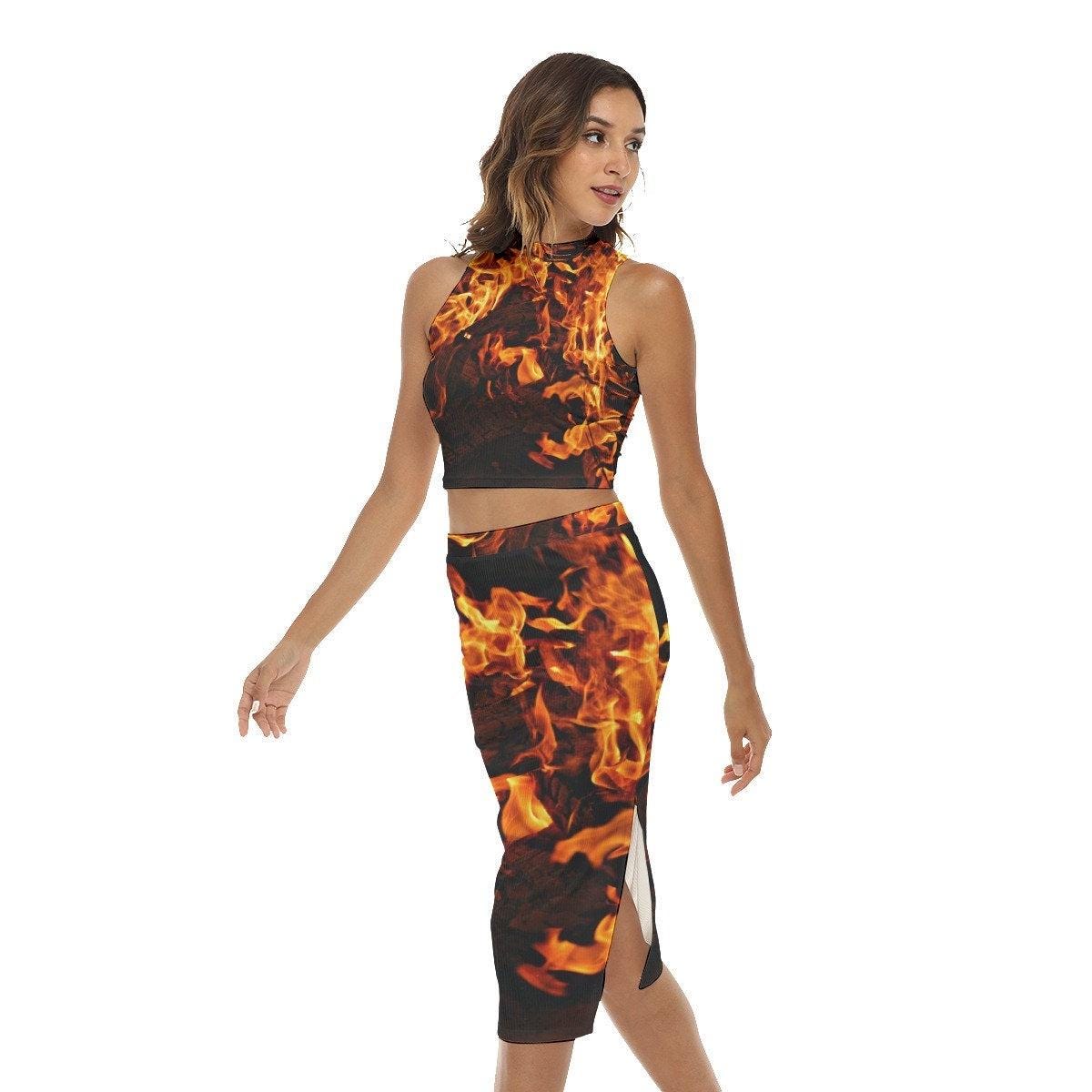 2pc Fire Flames no sleeve collar Top Split skirt Halloween Pirate costume pool partywear cocktail bonfire club dress,honeymoon bride gift