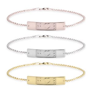 Bracelet personnalisé en braille coeur + 2 initiales, argent sterling, or 24 carats/or rose, cadeau de fête des mères, cadeau d'anniversaire pour femme maman tante/petites amies