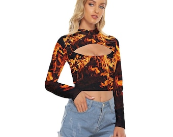 Crop Top Chest Keyhole fire flames Halloween Partywear Yoga Gym Beachwear pool Party top Christmas Birthday Gift for wife girlfriend bff
