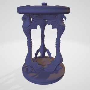 Pode incluir: Mesa decorativa roxa escura com tampo e base redondos. As pernas da mesa são esculpidas com figuras semelhantes a dragões, com asas e escamas detalhadas. O design inclui entalhes intrincados e uma estrutura de suporte central.