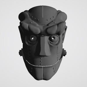 May include: A grey robot mask with a stern expression and riveted details. The mask features large, round eye sockets, a prominent nose, and a curved mouth. The design includes a headpiece with rivets and side attachments.