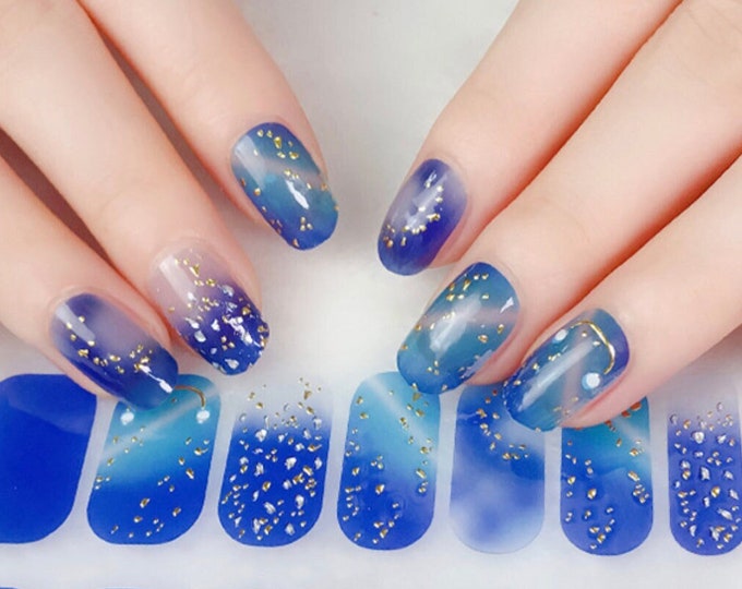 Starry Night Stars Nail Wraps / Transparent Blue Ombre Nail Polish Strips / Glitter Gold Flake Nail Stickers / Starburst Zodiac Nail Wraps