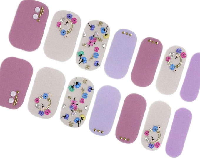Purple Nail Wraps / Flower Floral Nail Polish Strips / Women Lilac Gold 3D Nail Stickers / Color Kpop Korean Spring Nail Wraps Free Shipping