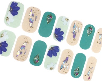 Green Nail Wraps / Spring Flower Floral Nail Polish Strips / 3D Gem Silver Glitter Nail Stickers / St Patricks Day Korean Emerald Nail Wraps