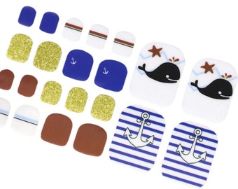 Nautical Summer Whale Toe Nail Wraps Kawaii / Blue Marine Nail Polish Strips / Ocean Beach Kids Toe Nail Stickers / Pedicure Free Shipping