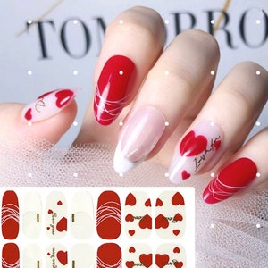 Valentine Nail Wraps / Red Hearts Love Nail Polish Strips Women / Valentines Day Nail Stickers / French Tip Overlay Transparent Nail Wraps