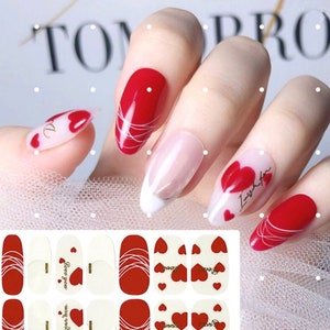 Valentine Nail Wraps / Red Hearts Love Nail Polish Strips Women / Valentines Day Nail Stickers / French Tip Overlay Transparent Nail Wraps image 1