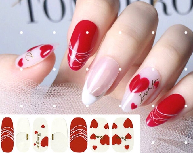 Valentine Nail Wraps / Red Hearts Love Nail Polish Strips Women / Valentines Day Nail Stickers / French Tip Overlay Transparent Nail Wraps