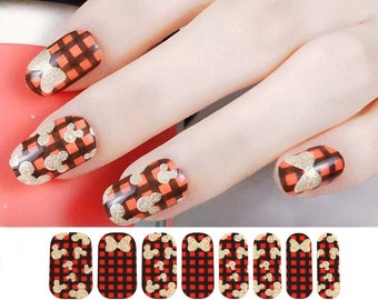 Mickey Mouse Cute Nail Wraps / Red Plaid Nail Polish Strips / Gold Glitter Buffalo Check Nail Stickers / Disney Nail Wraps Free Shipping