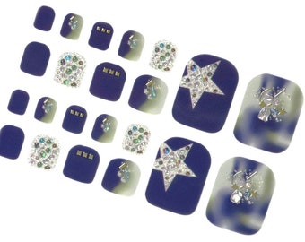 Navy Ombre Toe Nail Wraps: Silver Glitter Star, 3D Gems