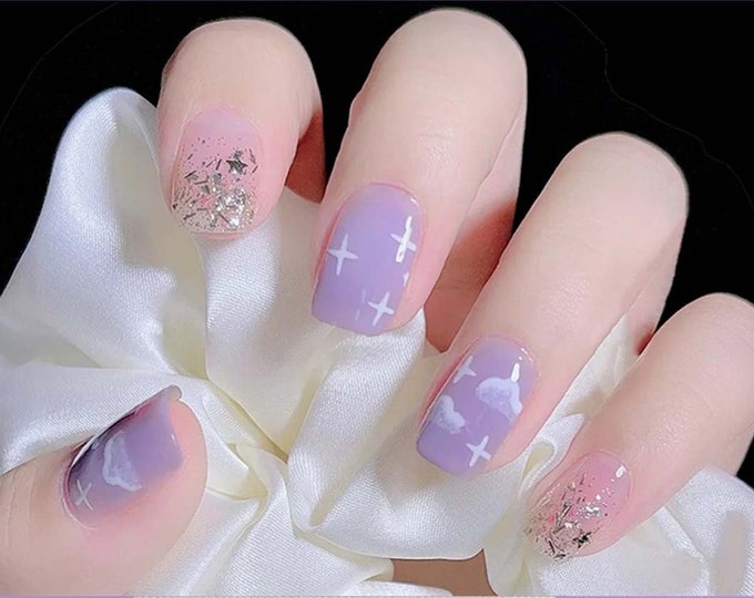 Purple Sky Nail Wraps / Pastel Lilac Cloud Nail Polish Strips / Pink Glitter Nail Stickers / Purple Spring Women Nail Wraps Free Shipping