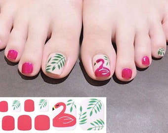 Pink Flamingo & Green Palm Tree Leaf Nail Wraps for Toes / Cute Animal Summer Nail Polish Strips / Beach Toe Nail Stickers / Pedicure Nails