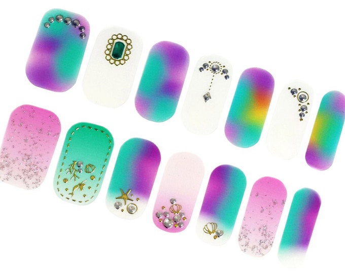 Pink Blue Ombre Nail Wraps / Boho Gold 3D Nail Polish Strips / Beach Mermaid Nail Stickers / Unicorn Tropical Summer Nail Wrap Rainbow Color