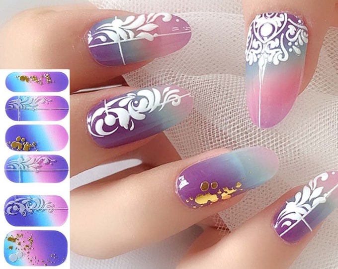 Blue Ombre Pink Nail Wraps / Gold Glitter 3D Nail Strips / Purple Unicorn Celestial Nail Stickers / Abstract Spring Pastel Modern Nail Wraps