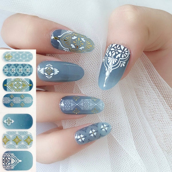 Boho Blue Ombre Nail Wraps / Transparent Overlay Lace Nail Strips / Exotic Floral Flower Gold Geometric Ocean Nail Stickers - Premium Design