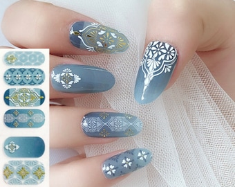 Boho Blue Ombre Nail Wraps / Transparent Overlay Lace Nail Strips / Exotic Floral Flower Gold Geometric Ocean Nail Stickers - Premium Design