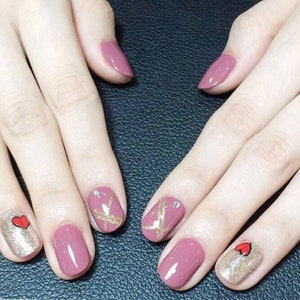 Pink Nail Wraps / Gold Glitter Nail Polish Strips for Women / Kpop Korean Valentines Nail Stickers / Sparkle Hearts Nail Wraps Free Shipping