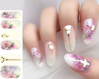 Pastel Flower Blossom Nail Wraps / Romantic Pink Floral Nail Polish Strips / Ombre Overlay 3D Nail Stickers / Spring Nails - Premium Design