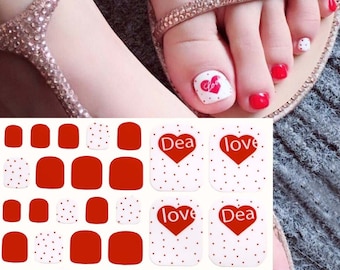 Valentine Toe Nail Wraps / Red White Hearts Toe Nail Polish Strips / Polka Dot Valentines Day Women Nail Stickers / Pedicure Free Shipping