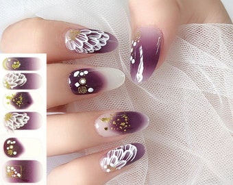 Purple Feather Flower Lace Overlay Nail Wraps / 3D Gold Glitter Flake Wing Nail Strips / Dark Floral Ombre Nail Stickers - Premium Design