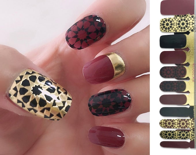 Black Gold Red Nail Wraps / Burgundy Lace Modern Flower Nail Polish Strips / Geometric Autumn Fall Winter Dark Nail Sticker - Premium Design