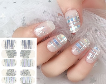 Transparent Silver Stripe Nail Wraps / Overlay Metallic Silver Glitter Nail Polish Strips for Women / Spring Nail Sticker / Chrome nails