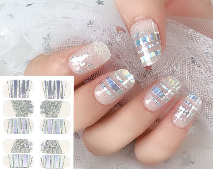 Transparent Silver Stripe Nail Wraps / Overlay Metallic Silver Glitter Nail Polish Strips for Women / Spring Nail Sticker / Modern Manicure
