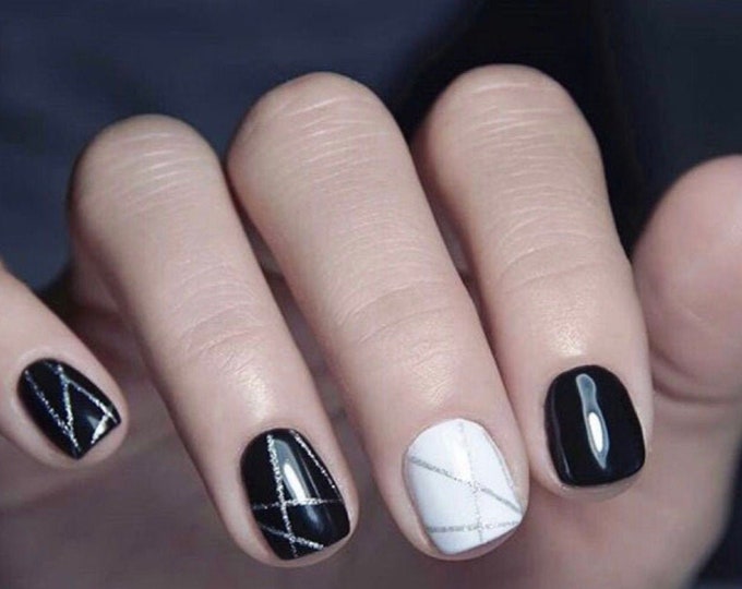 Black Nail Wraps / White Nail Polish Strips / Silver Glitter Nail Stickers / Dark Geometric Nail Wraps / Statement Nail Wraps Free Shipping