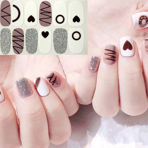 White Valentine Nail Wraps / Hearts Love Chocolate Nail Polish Strips Women / Valentines Day Nail Stickers / Sweet Silver Glitter Nail Wraps