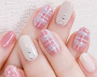 Pink Plaid Nail Wraps, Silver Glitter Accent