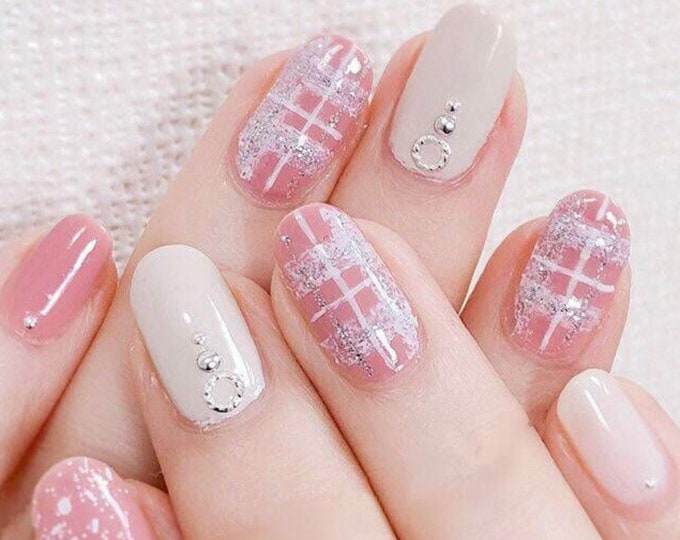 Spring Pink Nail Wraps / Pastel Silver Glitter Nail Polish Strips for Women / Elegant Tweed Plaid Check Nail Stickers / Manicure Nail Wraps