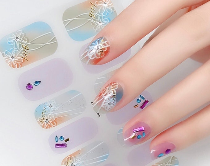 Pink Blue Lilac Unicorn Ombre Nail Wraps / Transparent Flower Floral Daisy Lace Overlay 3D Nail Polish Strip / Abstract Rainbow Nail Sticker