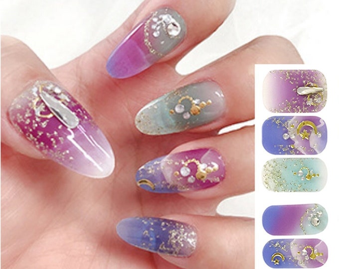 Stars and Moon Nail Wraps / Gold Glitter 3D Rhinestone Ombre Nail Strips / Blue Purple Ombre Sky Celestial Nail Stickers - Premium Design