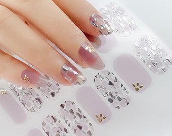 Pastel Purple Lilac Nail Wraps / Neutral Transparent Overlay Nail Polish Strips / Ombre Hologram Clear Silver Glitter Flake 3D Nail Stickers