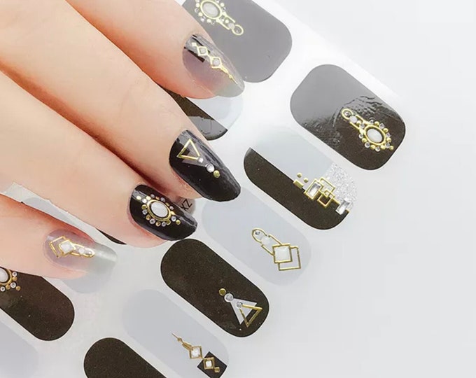 Black Nail Wraps / Dark Overlay Transparent Nail Polish Strips / Gold Geometric 3D Nail Sticker / Autumn Modern Punk Nail Wrap Free Shipping