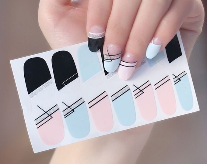 Pink Black Blue Stripes Nail Wraps / Silver Glitter Nail Polish Strips / Spring Summer Pastel Nail Stickers / Geometric Women Nail Wraps